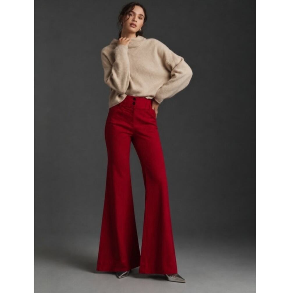 Anthropologie Maeve Naomi Pant 16 Linen Blend Wide Leg Flare Red Trouser Stretch
